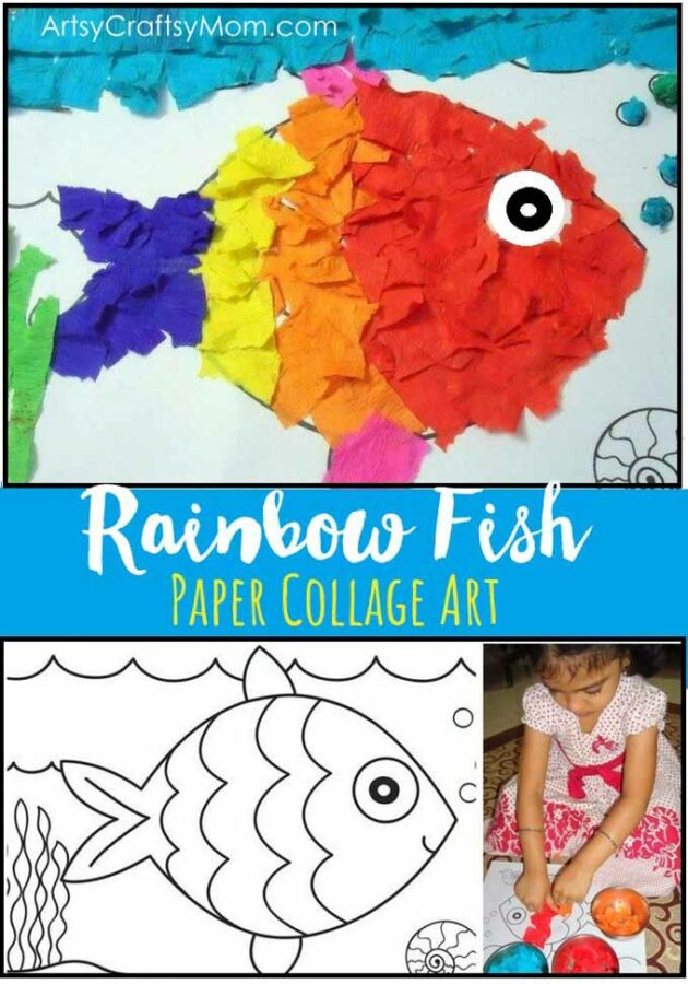 Rainbow Fish Crepe Paper Collage Art - Tear bits of paper to make this torn paper activity perfect for fine motor preschoolers & toddler skill practice