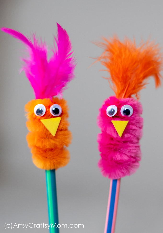 Add spunk, colour and loads of cuteness to your kids' pencils. This pipe cleaner pencil topper bird craft is an absolutely adorable accessory.