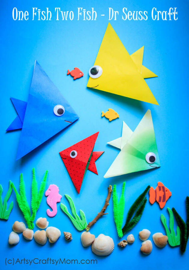 Make this super cute Dr Seuss - One fish Two fish Red fish Blue Fish Origami Fish Craft for kids