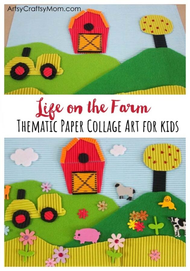 Life on the Farm Paper Collage Art for kids. Assemble a barn, hills & animals from layers of cut paper to create a whimsical 3D farm themed collage craft