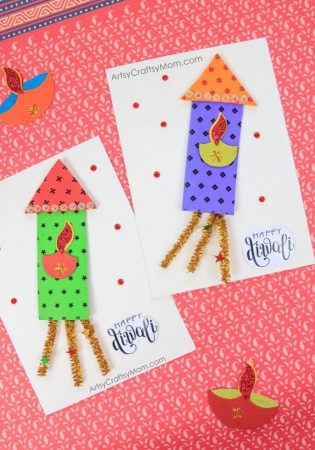 Here's a Fun Firecracker Themed Diwali Greeting Card for Kids to make for family & Friends! Using Foam sheets & Pipe Cleaners, this card will Wow everyone!