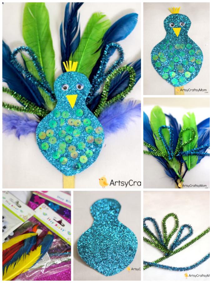Easy Peacock craft for kids made using feathers, pipe cleaners & glitter paper. A fantastic craft to make after visiting the zoo & while learning about birds. 