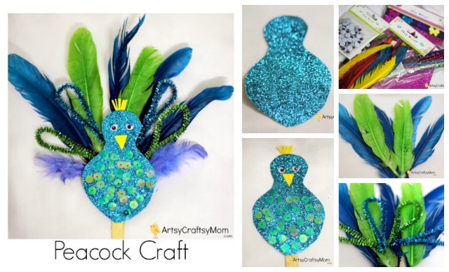 Easy Peacock craft for kids made using feathers, pipe cleaners & glitter paper. A fantastic craft to make after visiting the zoo & while learning about birds. 