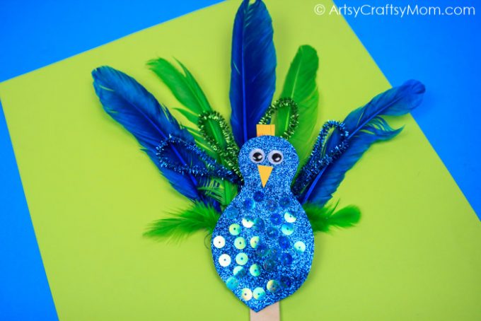 Easy Peacock craft for kids made using feathers, pipe cleaners & glitter paper. A fantastic craft to make after visiting the zoo & while learning about birds 