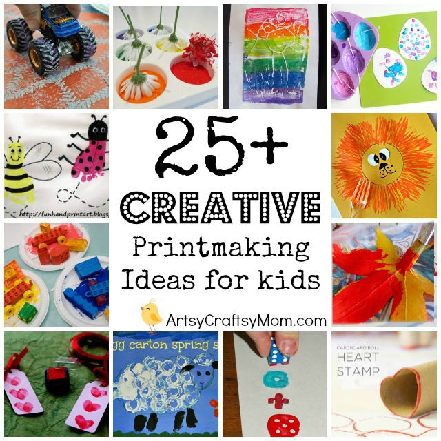 25 of the most amazing Printmaking ideas for kids - use flowers, brushes, twigs, toys to create artwork