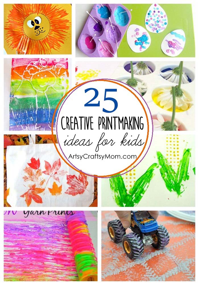25 of the most amazing Printmaking ideas for kids - use flowers, brushes, twigs, toys to create artwork