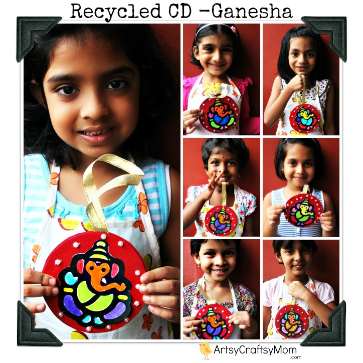 Ganesha craft CD wall hanging | via ArtsyCraftsyMom.com - Ganesh Chaturthi Crafts and Activities to do with Kids - Make a Clay Ganesha, decorate, Ganesha's throne & umbrella, rangoli ideas, recipes, books and more
