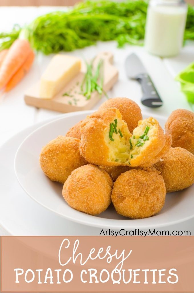 Cheesy Potato Croquettes are a deliciously easy recipe to make - they make a tasty snack that even the littlest of kids will love eating and helping out.