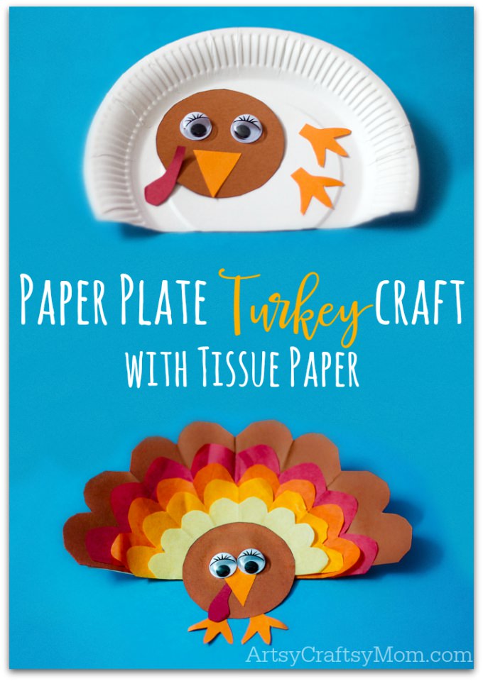 Paper Plate Thanksgiving Turkey craft with Tissue Paper -Little ones will be gobbling for joy when they make these turkeys! Fun to hang on walls and doors, these goofy birds make great decorations for your Classroom celebrations and Thanksgiving dinners table. An easy, perfect #Thanksgiving craft for kids to make! Perfect for Kindergarteners and Primary schoolers