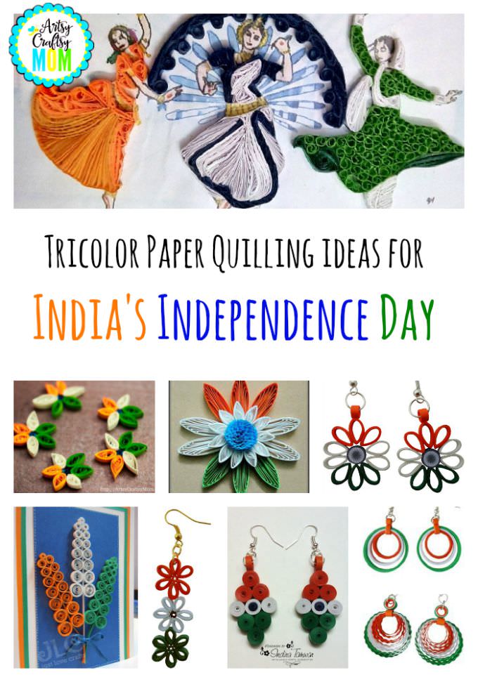 Presenting - 10+ Tricolor Paper Quilling ideas for India's Independence Day - Tricolor cards, flowers , earrings all using paper strips
