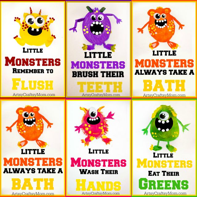 ArtsyCraftsyMom- 5 Super Cute Potato Print Monsters perfect for Halloween + Free Printable Little Monster Wall Art, that teaches good habits, and its free to download!