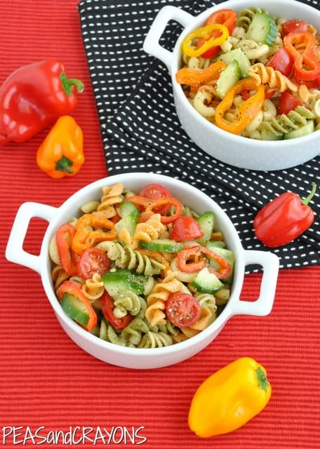 Confetti-Pasta-Salad - Is your kid a picky eater? Try these 15 Recipes That Will Make Your Kids Love Vegetables again. Fun finger foods in an all new healthy vegetarian avatar. Pasta, kebabs, fries. perfect for school lunches