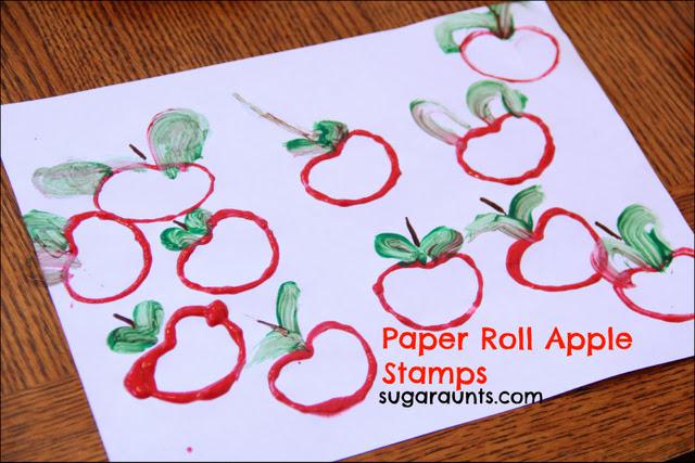 paper roll apple stamps - Top 10 Easy Apple Crafts For Kids via ArtsyCraftsyMom - Games, prints, playdoh, paper plates -everything to get your kids excited about Fall with fun and easy apple crafts!