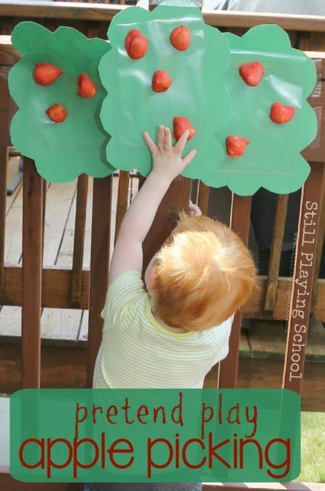 pretend play apple picking -Top 10 Easy Apple Crafts For Kids via ArtsyCraftsyMom - Games, prints, playdoh, paper plates -everything to get your kids excited about Fall with fun and easy apple crafts!