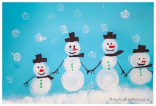 Sponge Stamped Snowman Craft used as wrapping paper
