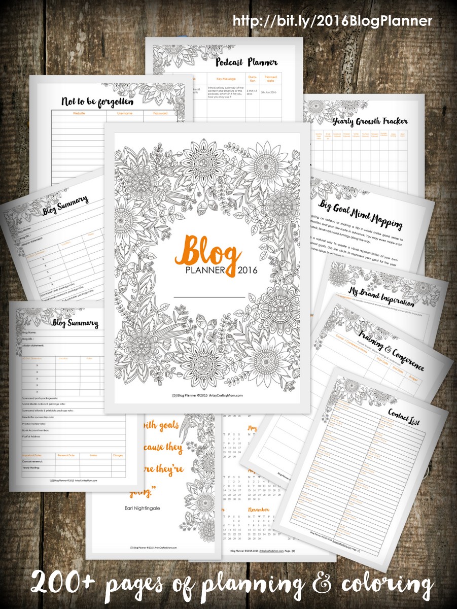 Artsy Blog Planner 2016 - 200+ pages of checklists, daily, weekly, monthly planners, plus14 coloring pages. Plan & Color your way to blogtastic success