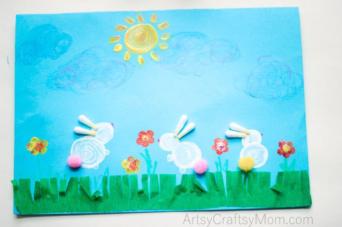 Make Easter Bunny Rabbit Art for kids using Q-Tips - super fun to create. Turn it into a card or hang it on the wall, it will look super cute both ways. #Kidscraftstars