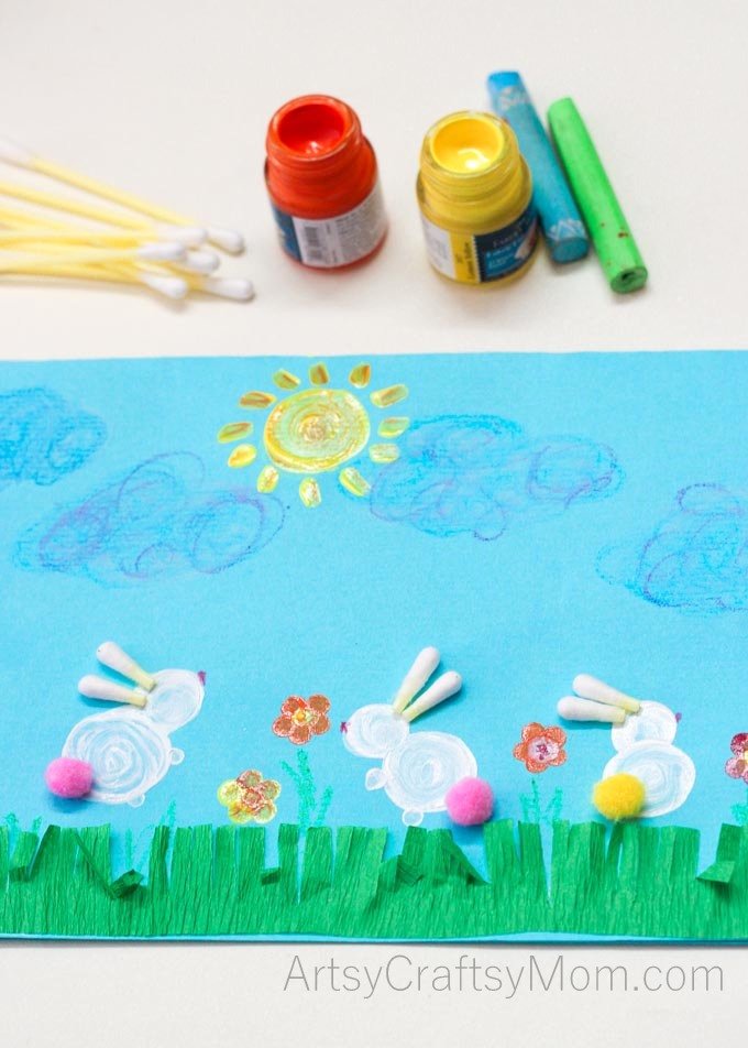Make Easter Bunny Rabbit Art for kids using Q-Tips - super fun to create. Turn it into a card or hang it on the wall, it will look super cute both ways. #Kidscraftstars