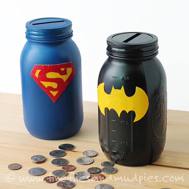 Mason-Jar-Superhero-Banks- A birthday party isn't complete without return gifts! Here are 8 Awesome Birthday Party Favors that are non-toys and both parents & kids will love.