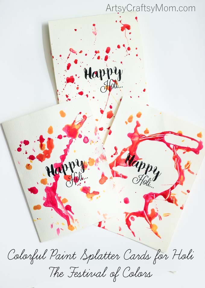 Colorful Paint Splatter cards for Holi - The Festival of Colors. Indulge in some pre-Holi fun by splashing colors on paper! Gorgeous, open-ended & each, unique.