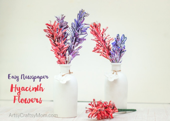 DIY Easy Newspaper Hyacinth Flowers, perfect to brighten up your home all through the year. All you need are newspapers and paints! perfect Mother's Day Craft, teacher appreciation or even earth day - best out of waste projects. Recycled newspaper DIY. 