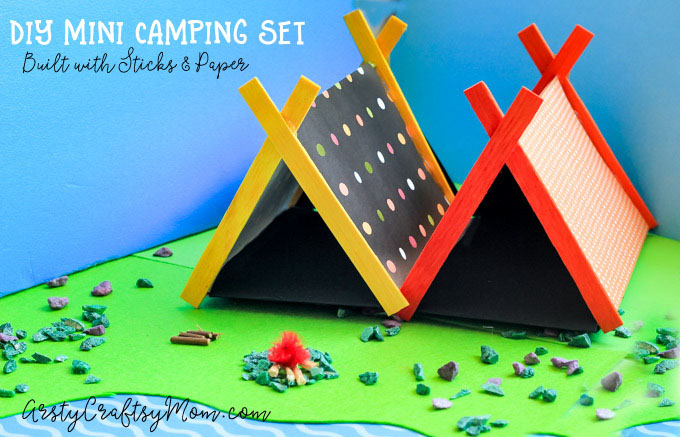 DIY Mini Camping Set with Sticks and Paper:Make camping gear for your small toys and take them on a trip! Mini popsicle & paper tents, Stick fireplace and more.