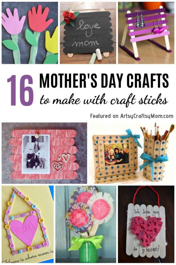 16 Mother's Day Crafts to Make with Craft Sticks - Make a popsicle stick photo frame, an earring holder, a coaster, or even a flower pot that moms will love