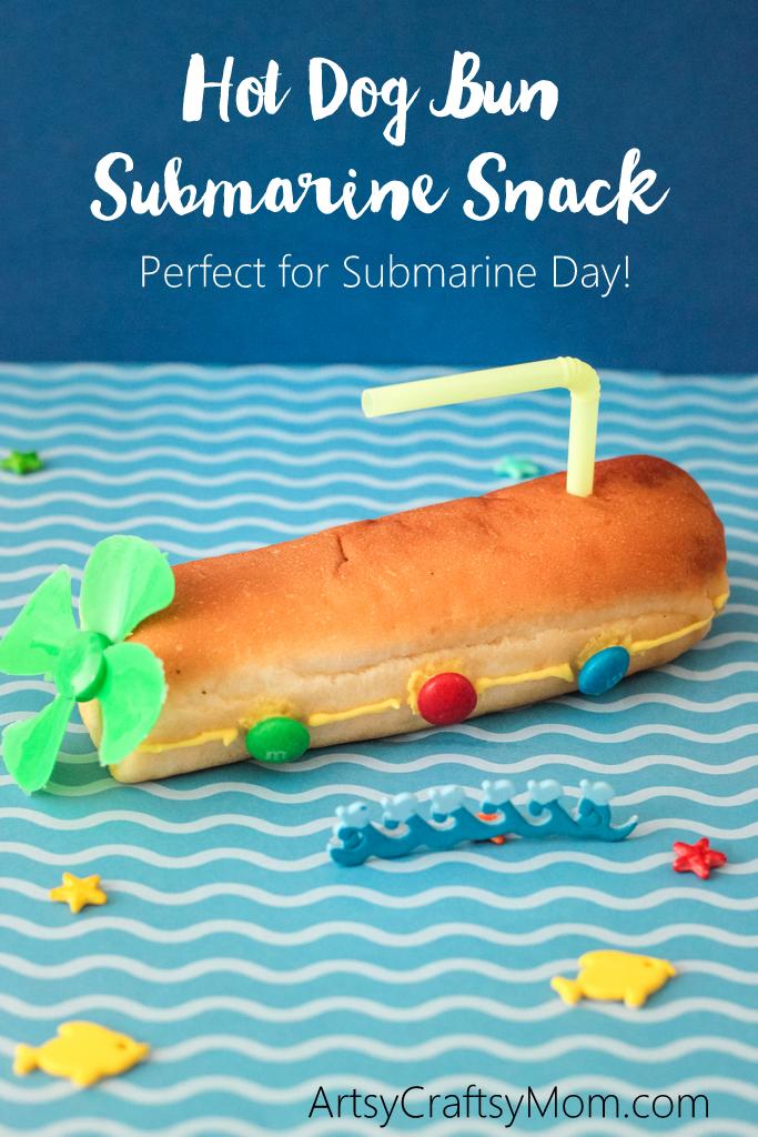 Hot Dog Bun Submarine Snack would be fun to serve at a Yellow Submarine party, your child’s next playdate, or maybe just a special treat for National Submarine Day! Kid made desserts. Fun food art for kids. 