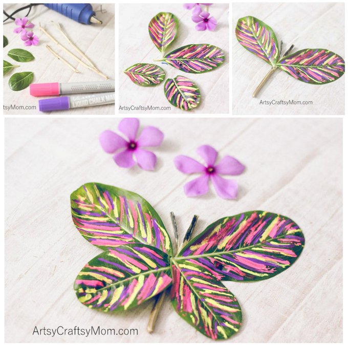 This Stick and Leaf Butterfly Nature Craft can be easily made with fresh leaves and twigs, and would make a great spring craft to bring the outdoors inside.