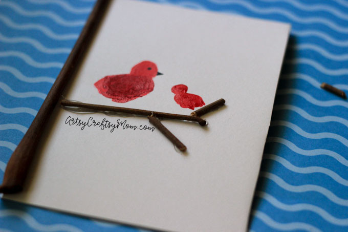 DIY Super Cute Fingerprint Bird Mother's Day Card - This simple DIY card uses fingerprints, sticks, buttons and paint to create a Mother's Day card.