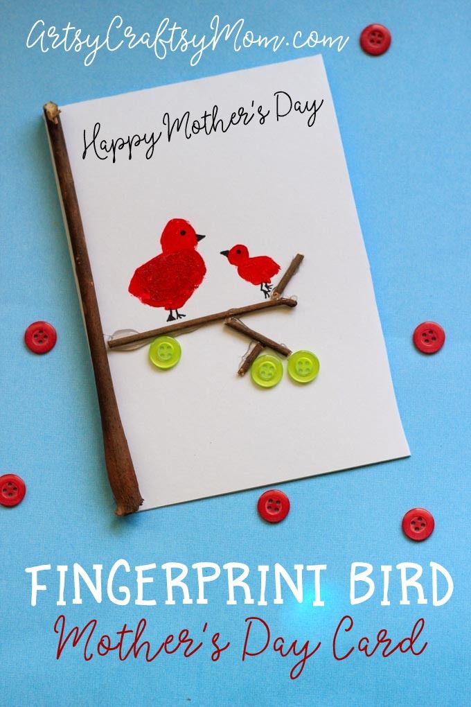 DIY Super Cute Fingerprint Bird Mother's Day Card - This simple DIY card uses fingerprints, sticks, buttons and paint to create a Mother's Day card.