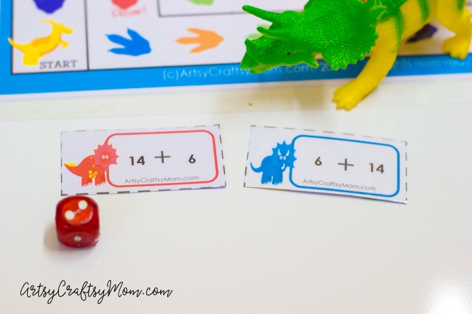 DIY Printable Dinosaur Board game that helps practice common core kindergarten Addition problems