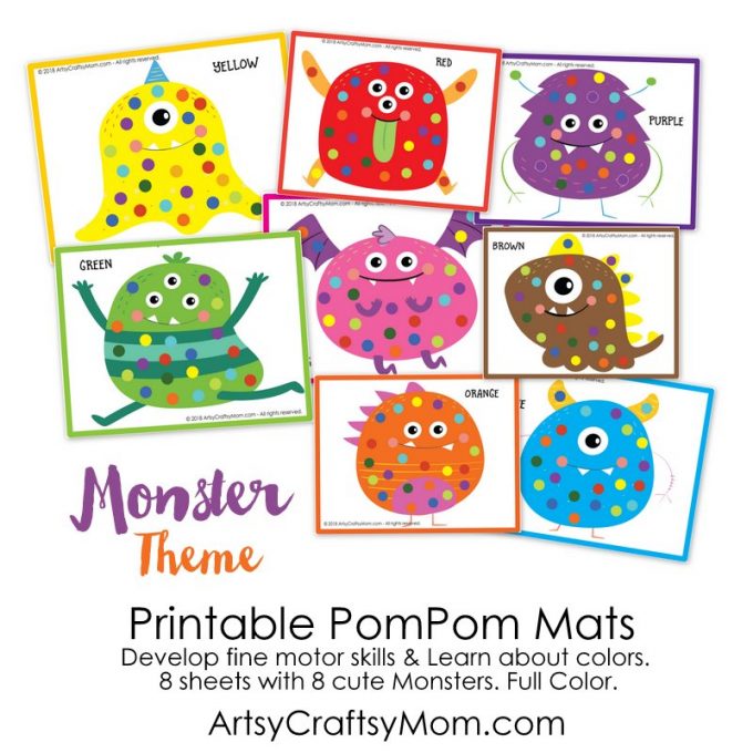 There's a lot you can do with our Printable Monster Themed Pom Pom Mats! Hone your fine motor skills and hand-eye coordination with pompoms, buttons & more!
