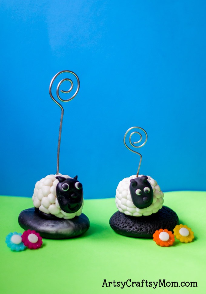 Super Easy Clay Sheep Photo holder craft for kids- learn how to make a very cute sheep photo holder with easy step by step photos to guide you through! - ArtsyCraftsyMom.com