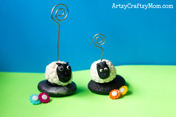Super Easy Clay Sheep Photo holder craft for kids- learn how to make a very cute sheep photo holder with easy step by step photos to guide you through! - ArtsyCraftsyMom.com