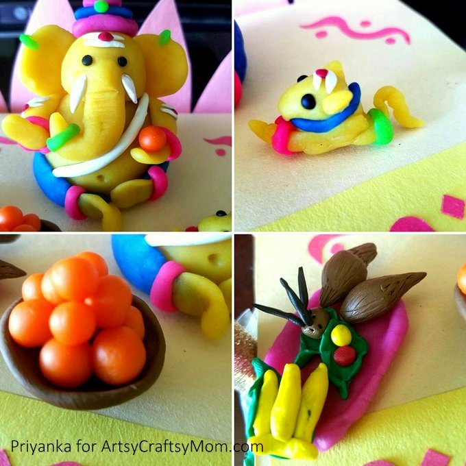 How to Make Clay Ganesha at Home - Ganesh Chaturthi Crafts and Activities to do with Kids - Make a Clay Ganesha, decorate, Ganesha's throne & umbrella, rangoli ideas, recipes, books and more