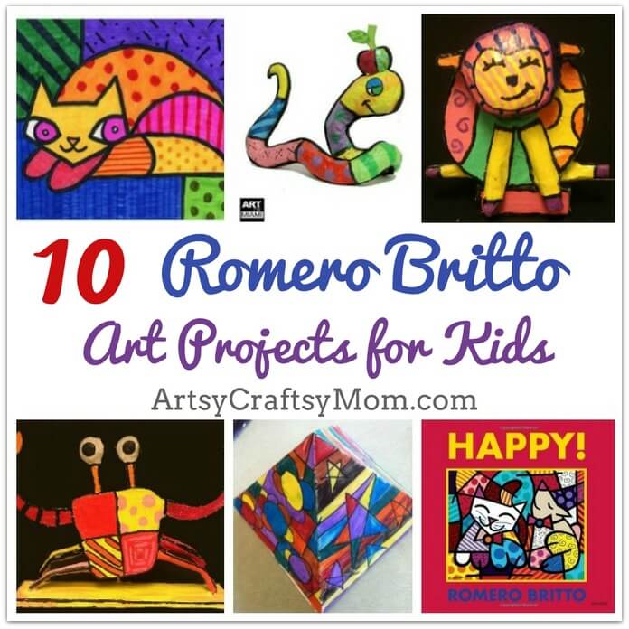 These amazingly colorful Romero Britto Art Projects for Kids are sure to brighten up your day! Learn all about this whimsical artist and his work through drawings, sculptures, collages and more!