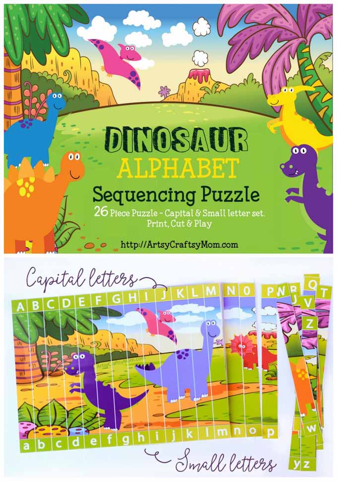 These Printable Dinosaur Alphabet Sequencing Puzzle for uppercase and lowercase are a fun & Hands-on way to teach letters and their sound to kindergartners