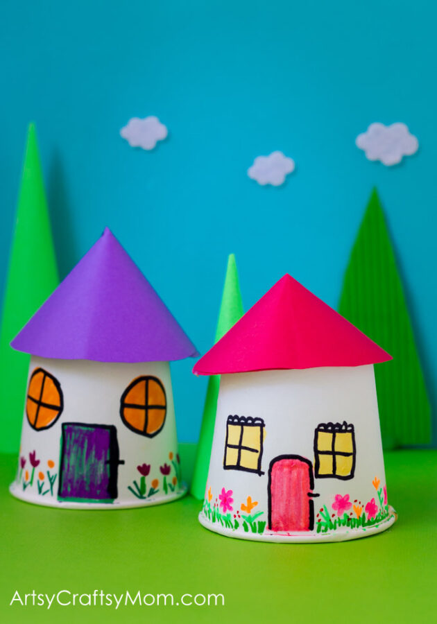 Recreate your childhood memories with this Paper Cup Miniature Village craft - Fun, Frugal and so easy to make a town paper display with young kids.