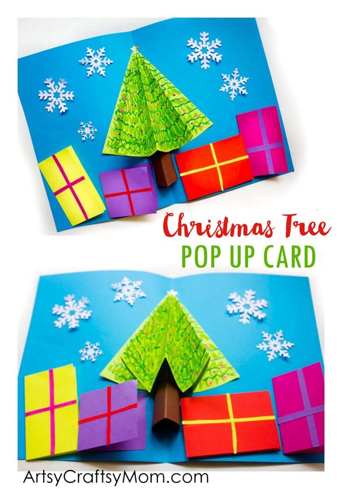 You can easily make your own 3D Christmas Tree Pop Up Card for family members and friends. Miniature presents hold your season's greetings at the bottom. 