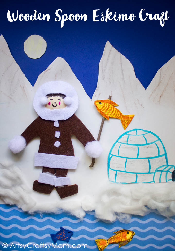 Enhance your lessons on the Inuit or Eskimo tribes of North America using a simple Wooden Spoon Eskimo Craft. Complete with snow capped mountains, a fishing pole and a cardboard igloo