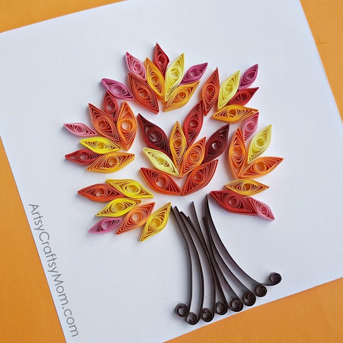 Make an Easy Paper Quilling Fall Tree Craft using 5mm quilling paper or strips of Construction Paper  ~ Autumn Crafts for Kids