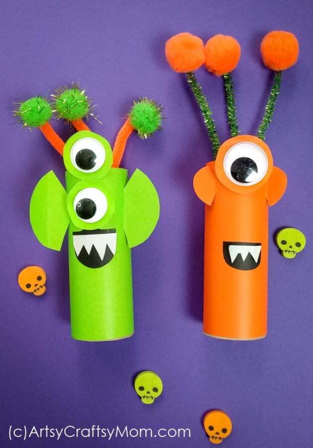 Make these cute cardboard tube aliens with brightly colored paper and huge googly eyes! Perfect Halloween craft for kids, or even if you have a space fan at home!
