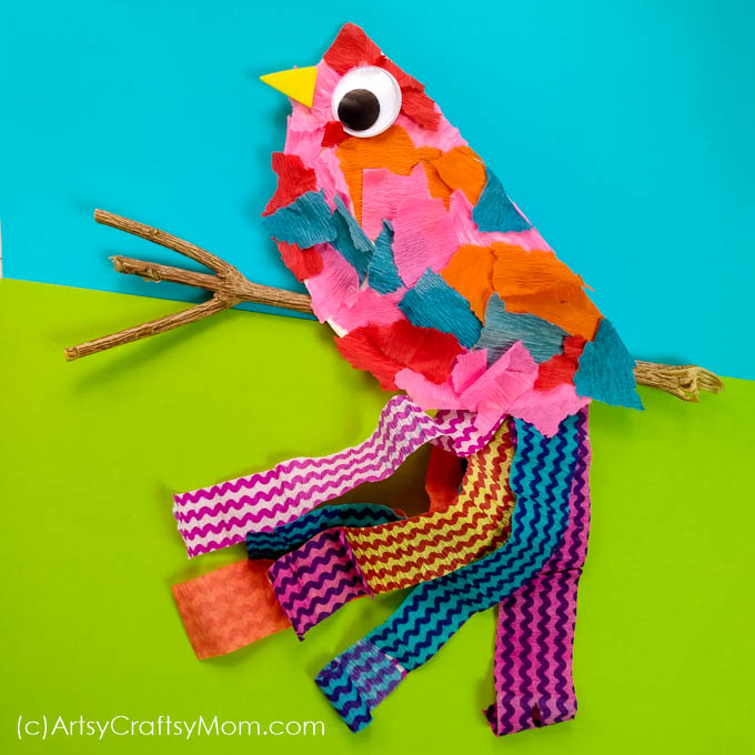 The paper plate bird craft using torn pieces of crepe paper and a paper plate is unbelievably easy to create. A perfect DIY for your preschooler. 