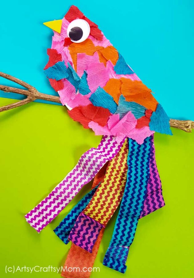 This Paper Plate Bird Craft using Torn Crepe Paper Strengthen fine motor skills with tearing paper for a cute spring craft for kids.