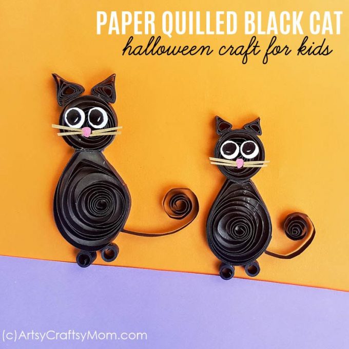 The paper quilling black cat craft brings together elements of fun and spookiness in equal parts. Halloween card kids would love to create. #quilling #halloween #kidscraft