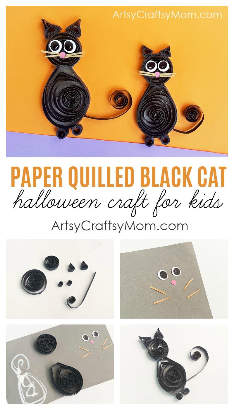 30 Awesome Cat Crafts and Books for Kids 5 The paper quilling black cat craft brings together elements of fun and spookiness in equal parts. Halloween card kids would love to create. #quilling #halloween #kidscraft