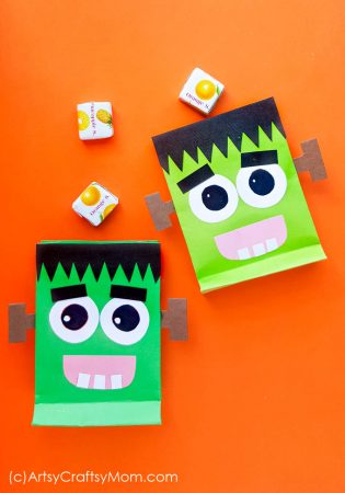 Don't forget to take along this DIY Frankenstein Treat Bag when you go trick o' treating on Halloween! Print out the templates, fix on the bag & it's done!
