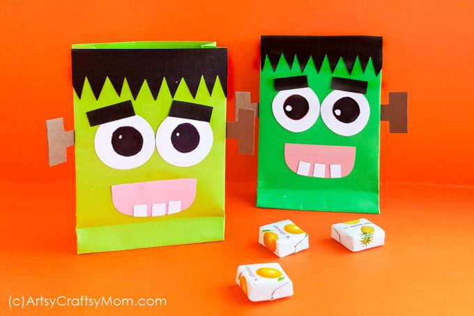 Don't forget to take along this DIY Frankenstein Treat Bag when you go trick o' treating on Halloween! Print out the templates, fix on the bag & it's done!