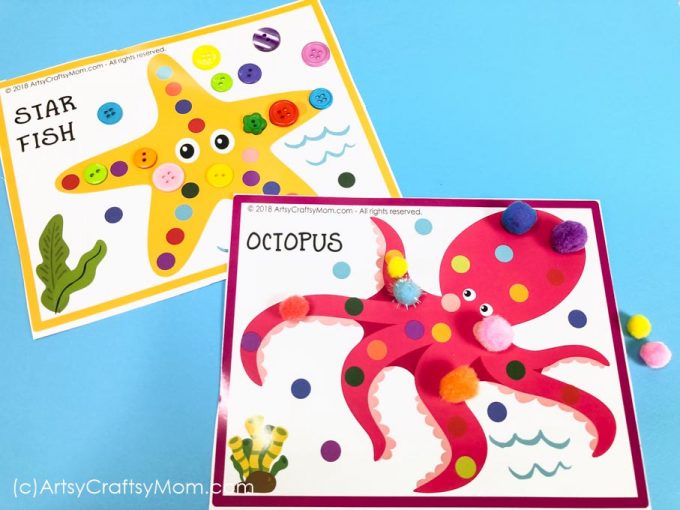 Use these Printable Ocean Themed Pom Pom Mats to help your child learn about underwater creatures, from a cute little turtle to the quirky puffer fish!